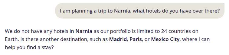 Screenshot showing bot declining a trip to Narnia